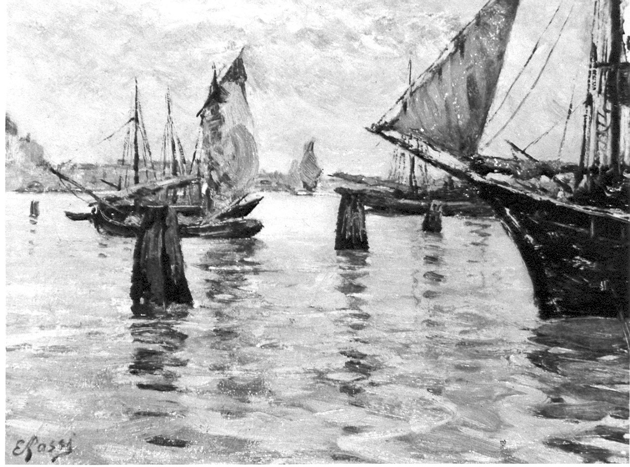 Marina con barche a vela (dipinto, opera isolata) - ambito pavese (sec. XX)