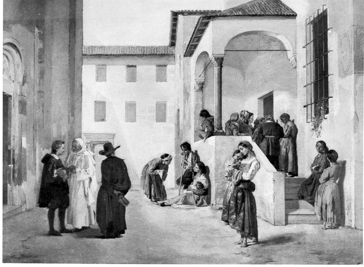 distribuzione dei medicinali ai poveri di S. Corona (dipinto, opera isolata) di Acerbi Ezechiele (sec. XIX)