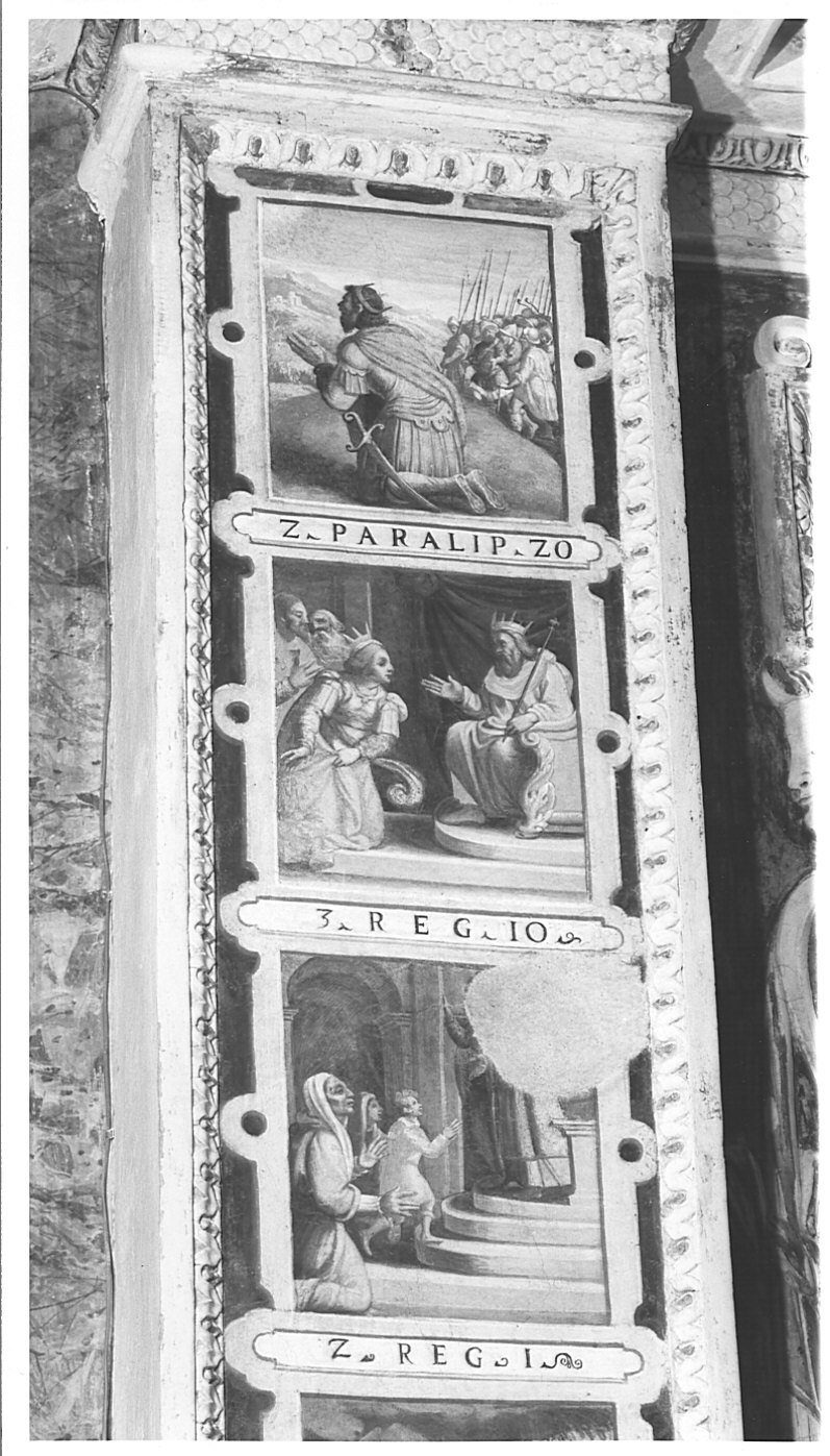 Davide apprende la morte di Saul/ Salomone e la regina di Saba/ episodio biblico (dipinto murale, elemento d'insieme) di Caresana Domenico (sec. XVII)