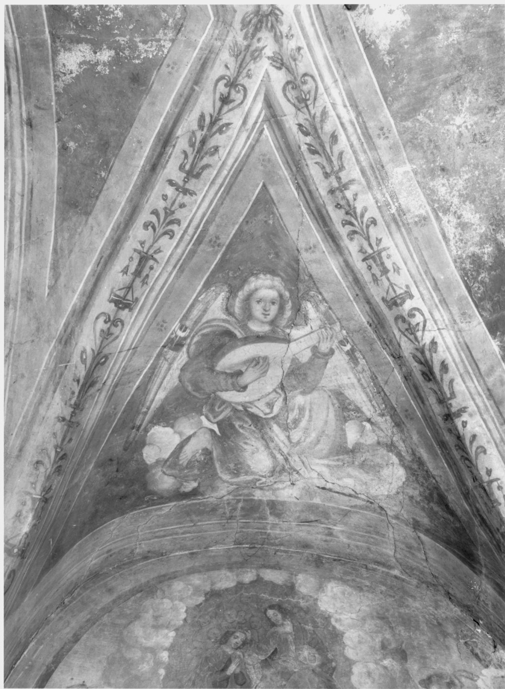 angelo musicante con liuto (dipinto murale, elemento d'insieme) - ambito lombardo (sec. XVI)