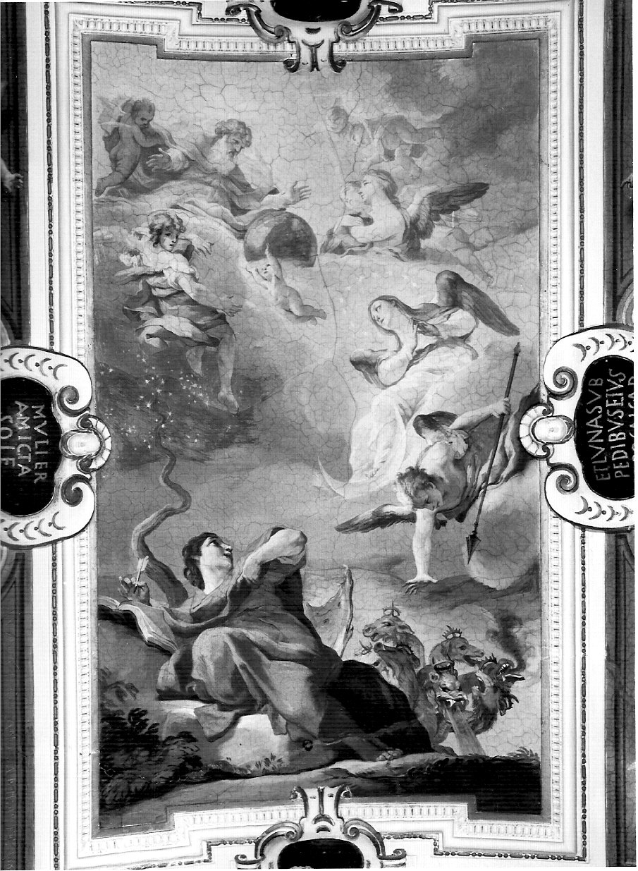 San Giovanni Evangelista ha la visione del primo dei sette segni: la donna e il dragone (dipinto, elemento d'insieme) di Lanzani Andrea (sec. XVII)