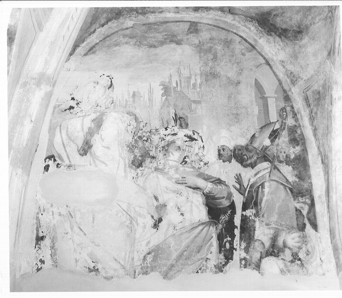 Sant'Ambrogio rifiuta l'ingresso in chiesa all'imperatore Teodosio (dipinto, elemento d'insieme) di Barbello Giovanni Giacomo (attribuito) (sec. XVII)