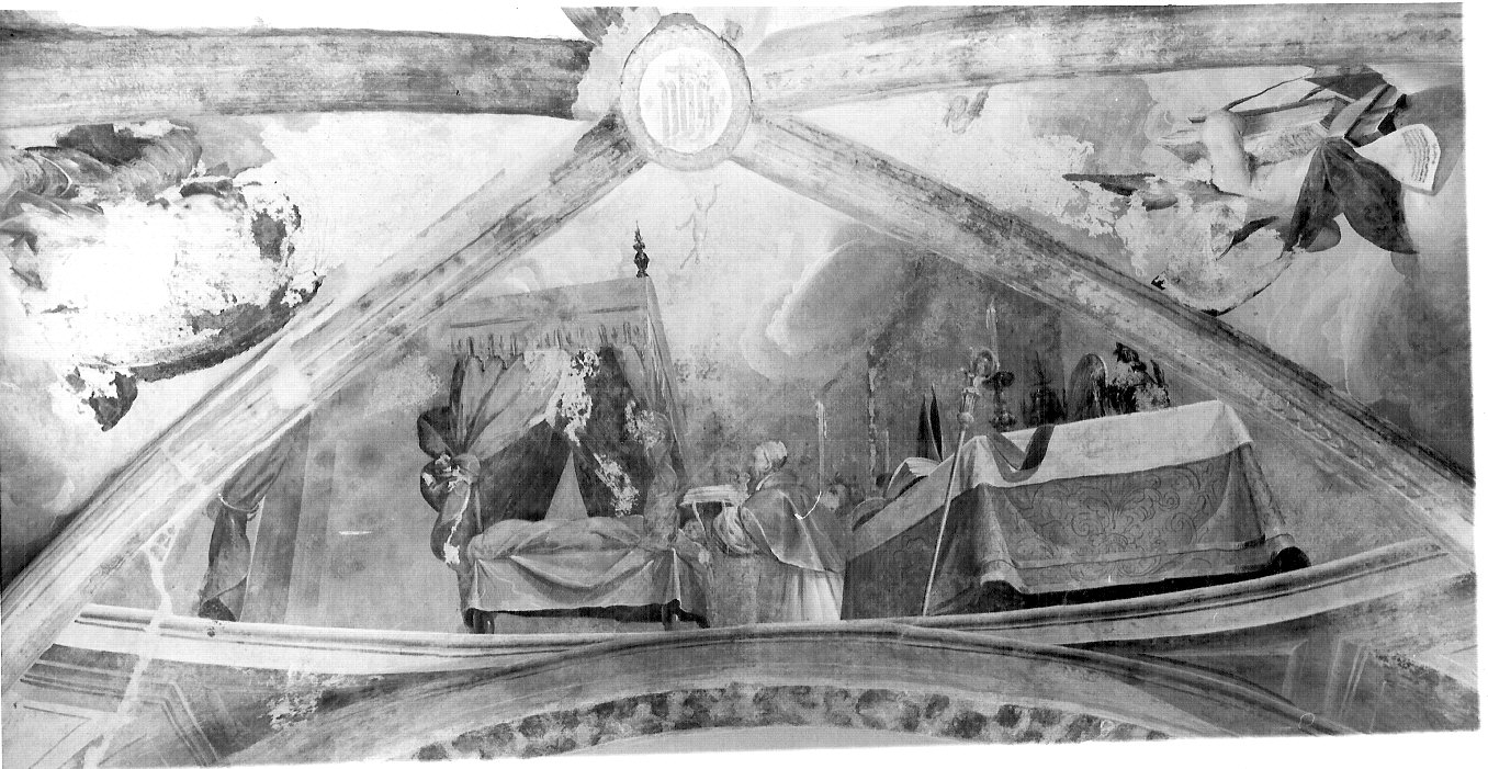 Cristo appare a Sant'Ambrogio sul letto di morte (dipinto, elemento d'insieme) di Barbello Giovanni Giacomo (attribuito) (sec. XVII)