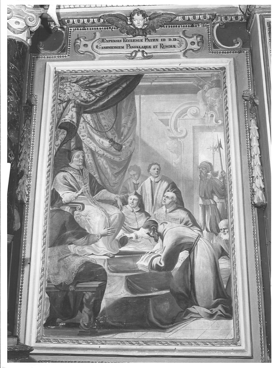 vita di San Francesco d'Assisi: approvazione della regola (dipinto murale, elemento d'insieme) di Bianchi Pietro detto Bustino (secc. XVII/ XVIII)