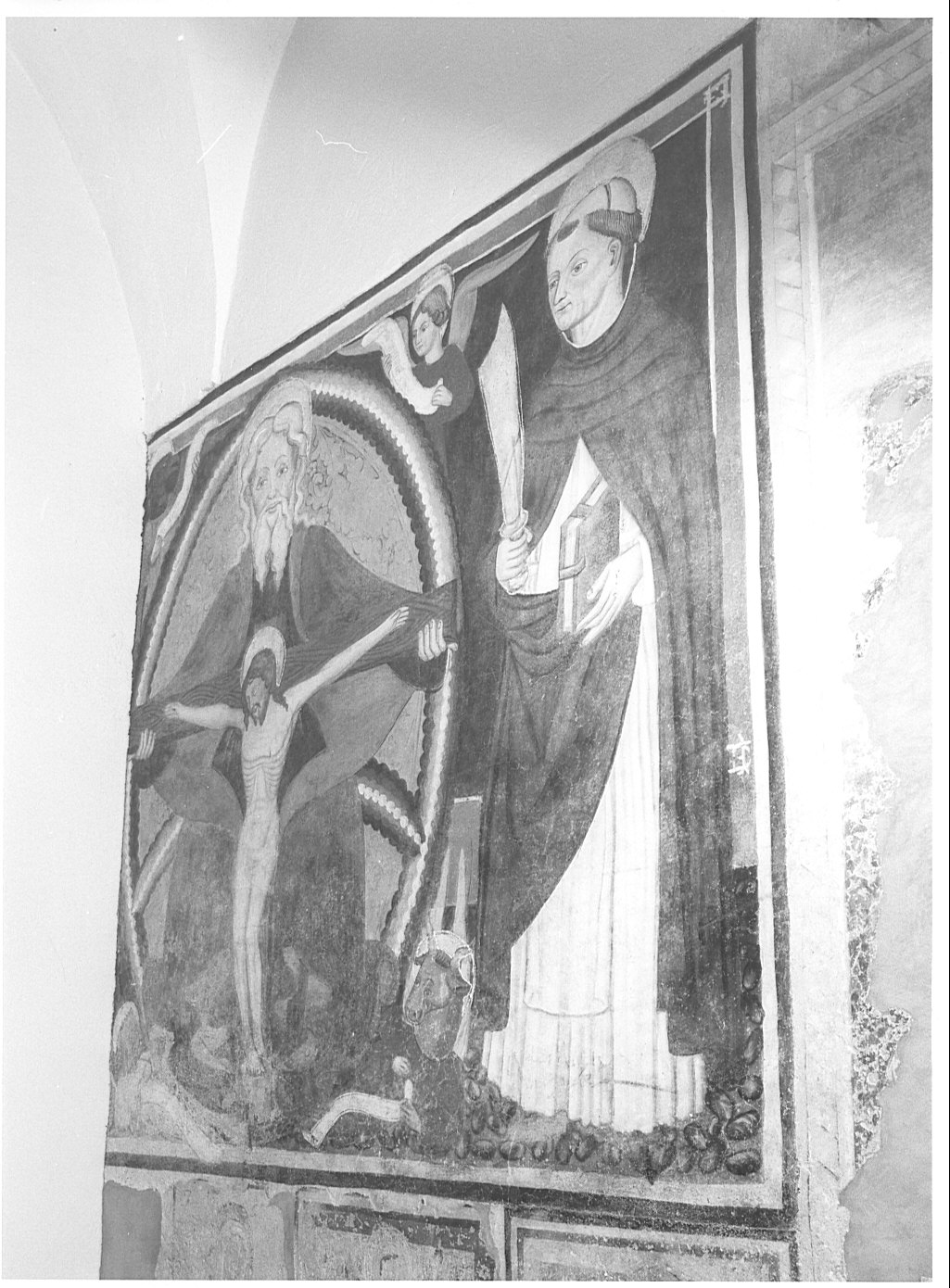 Dio Padre con Cristo crocifisso, tetramorfo e San Pietro Martire (dipinto murale) - ambito lombardo (metà sec. XV)