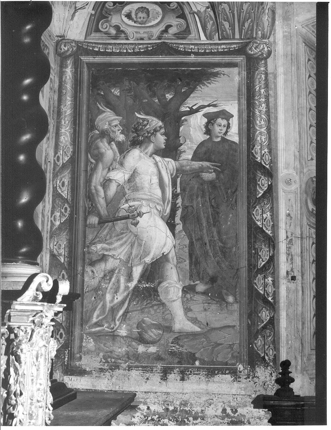 San Martino giovane che incontra i malintenzionati (dipinto, elemento d'insieme) di Guaita Francesco (attribuito), Baruta Abbondio (attribuito) (sec. XVI)