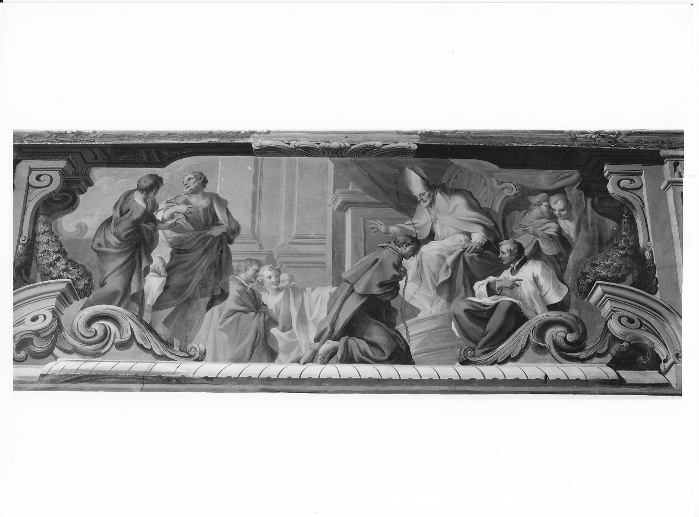 Anselmo Pusterla esercita clemenza verso Arduino in veste da penitente (dipinto murale, ciclo) di Bianchi Francesco Maria (cerchia) (primo quarto sec. XVIII)