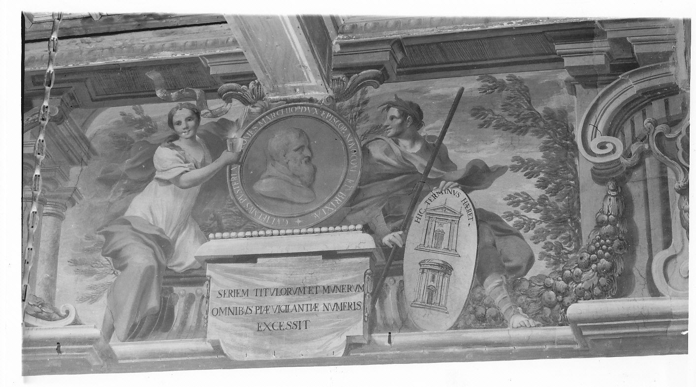 Guglielmo Pusterla vescovo di Como e Brescia e figure allegoriche (dipinto murale, elemento d'insieme) di Bianchi Francesco Maria (attribuito), Bianchi Salvatore (attribuito) (inizio sec. XVIII)