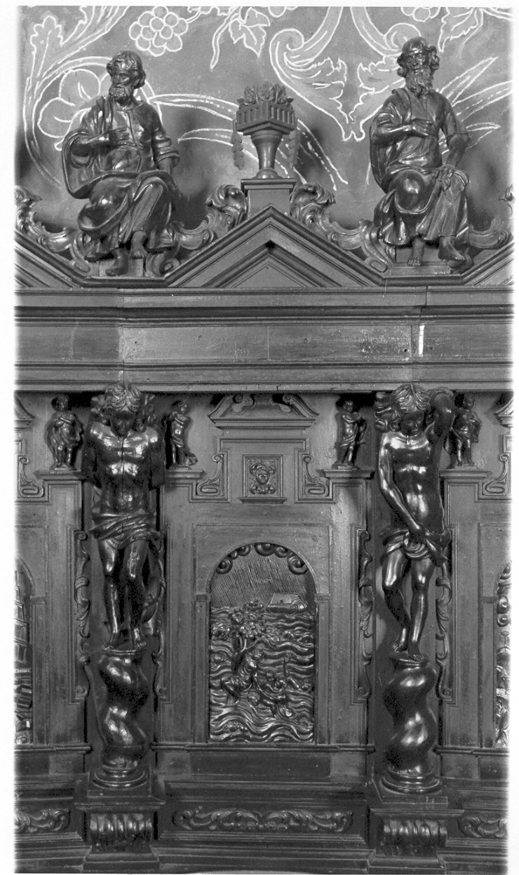 Diluvio universale (pannello di stallo di coro, insieme) di Zotti Giovanni Battista (secc. XVII/ XVIII)