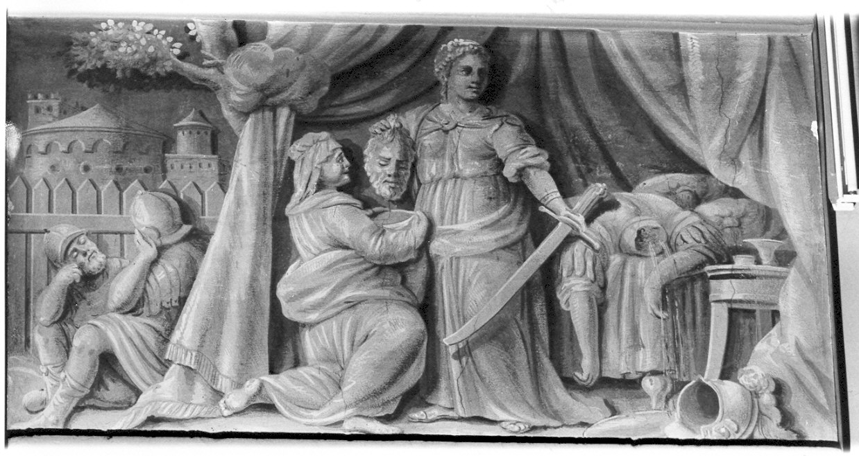 Giuditta e la sua ancella mettono la testa di Oloferne in un sacco (dipinto, elemento d'insieme) - ambito lombardo (sec. XVIII)