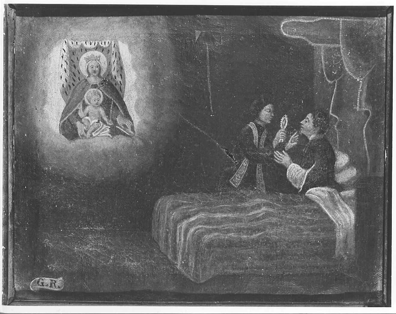 uomo ammalato in letto bacia un ostensorio che gli è posto da un sacerdote (ex voto, opera isolata) - ambito lombardo (metà sec. XIX)