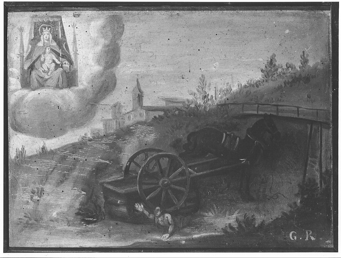 uomo rimasto schiacciato sotto un carro rovesciato (ex voto, opera isolata) - ambito lombardo (inizio sec. XIX)