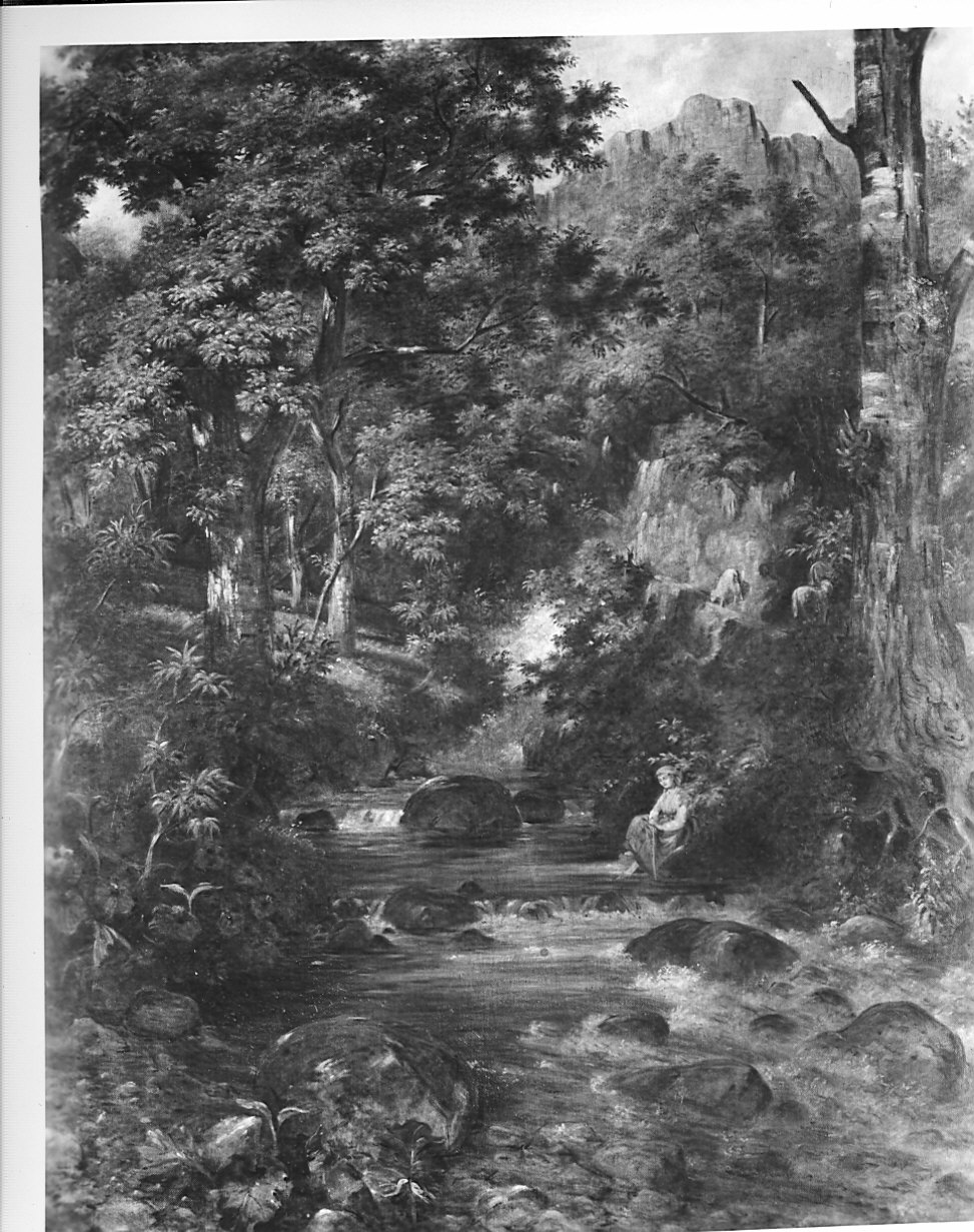 Torrente nella valle, paesaggio (dipinto) di Villa Fabio (sec. XIX)