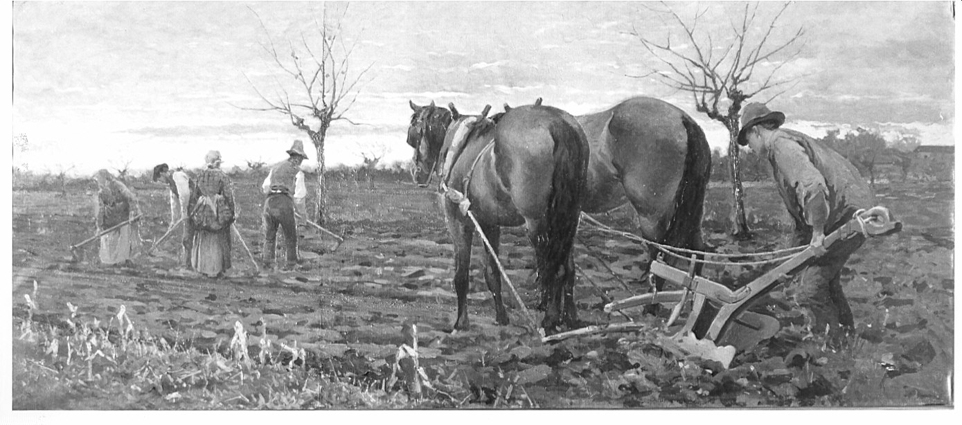 Sul campo di lavoro, contadini (dipinto) di Bartezago Enrico (sec. XIX)