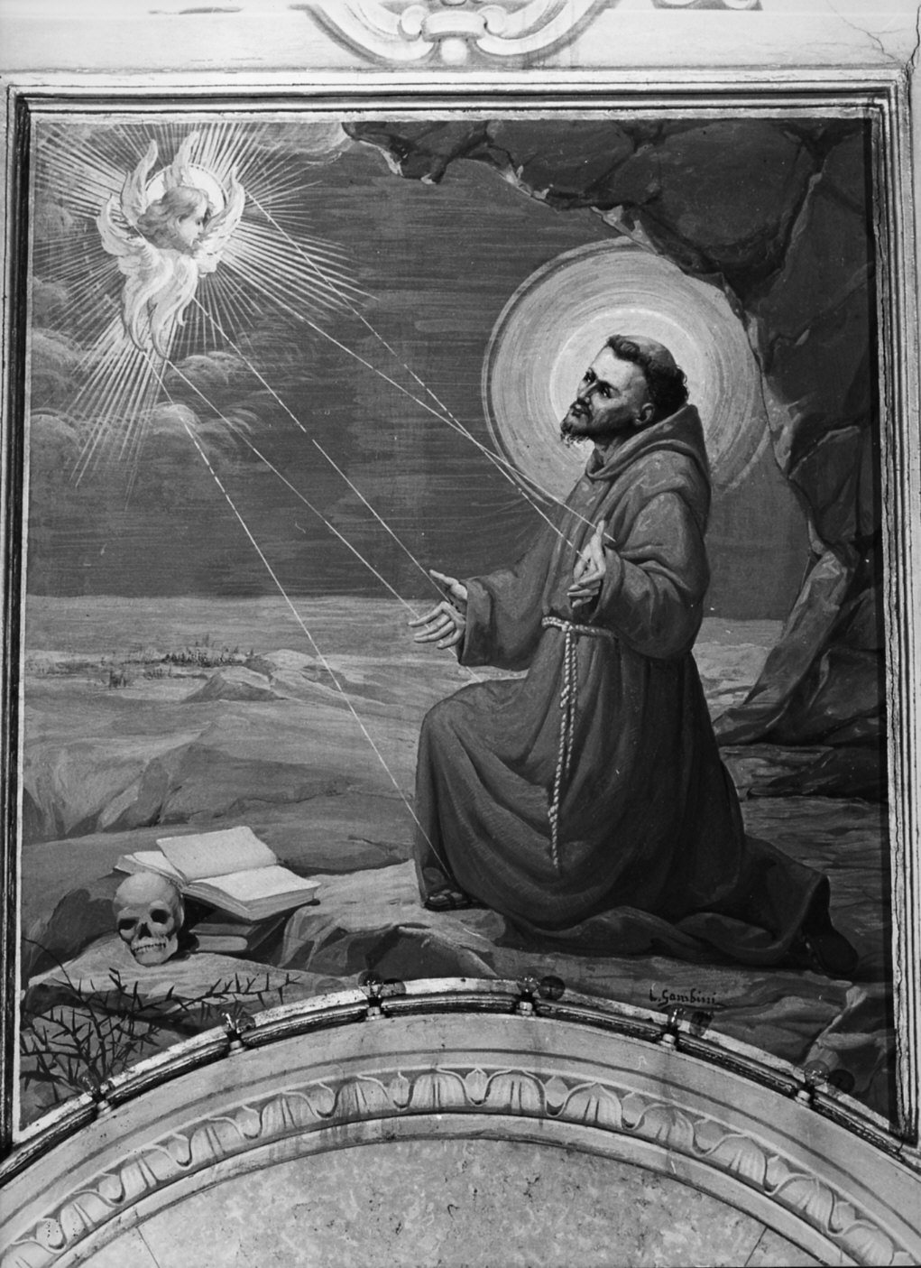 San Francesco d'Assisi riceve le stimmate (dipinto murale, opera isolata) di Gambini Luigi (sec. XX)