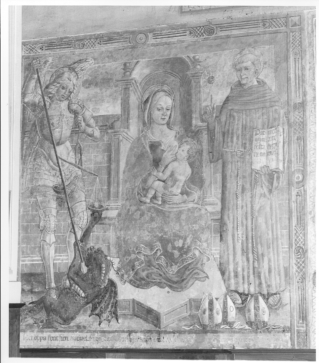 Madonna con Bambino in trono con San Michele e San Bernardino da Siena (dipinto murale, elemento d'insieme) di Battista da Musso (sec. XVI)