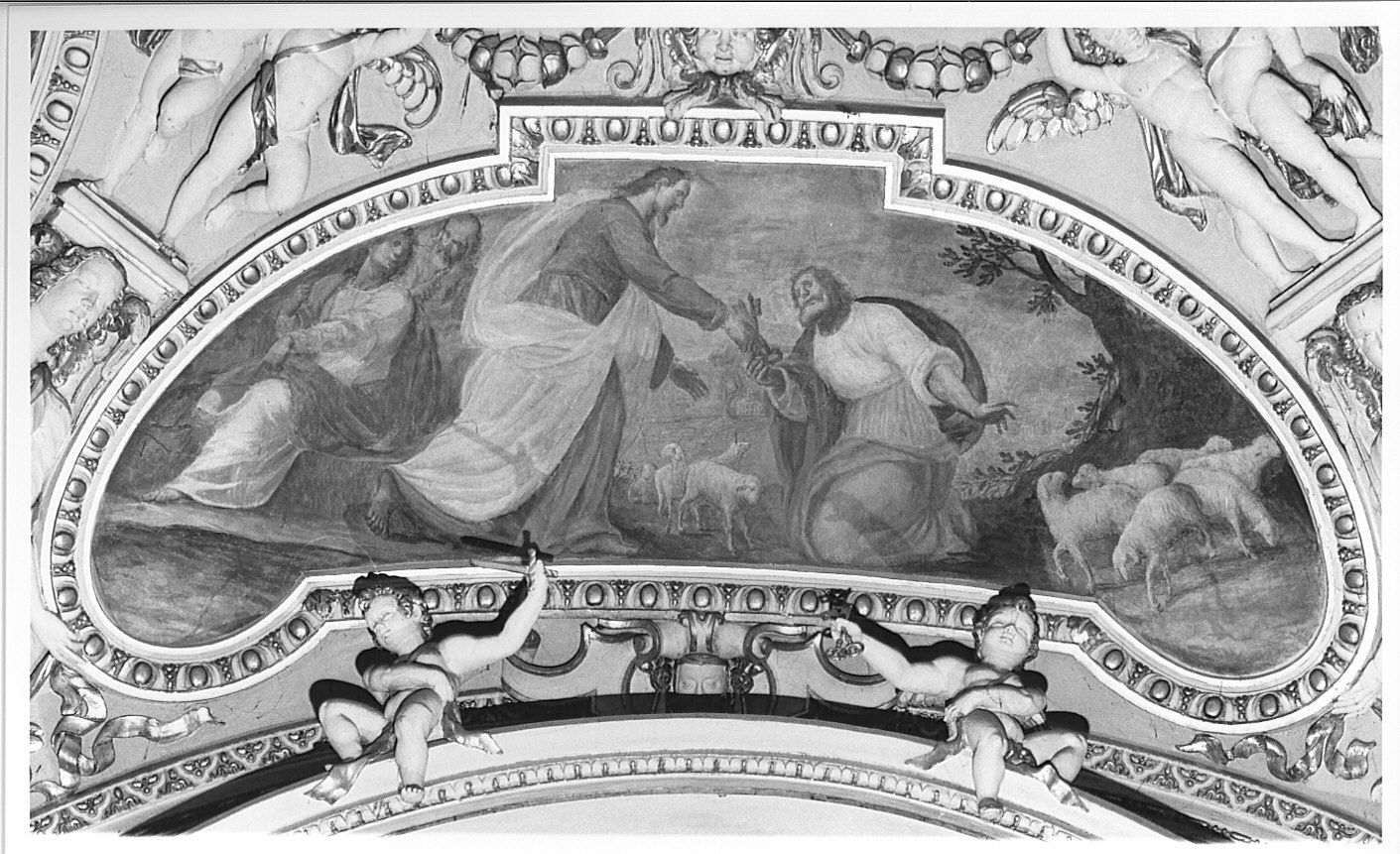 Cristo consegna le chiavi a San Pietro (dipinto murale, elemento d'insieme) di Della Rovere Giovanni Mauro detto Fiamminghino (sec. XVII)