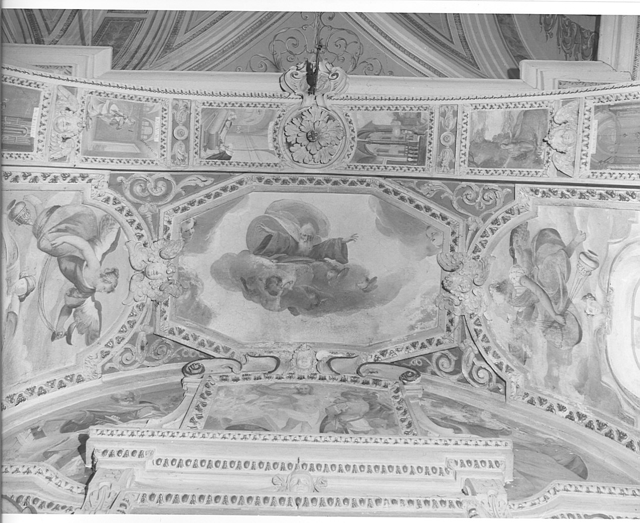 Dio Padre Benedicente, angeli reggituribolo e navicella (dipinto murale, elemento d'insieme) - ambito lombardo (seconda metà sec. XVII)