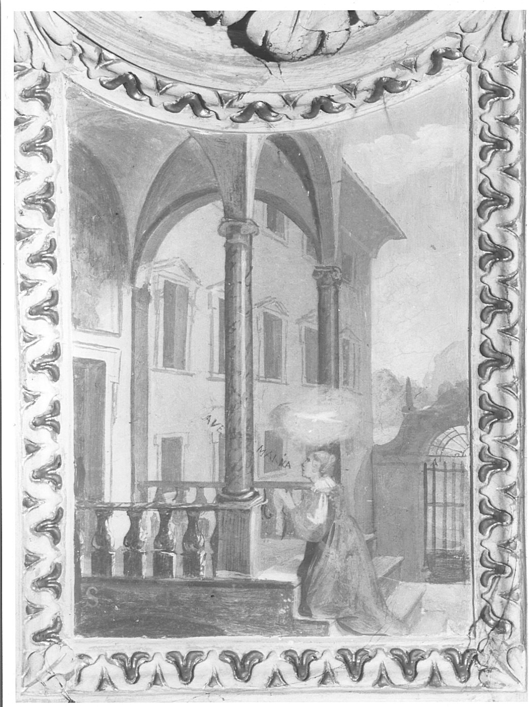 Santa inginocchiata, in preghiera alla Vergine, ricevente lo Spirito Santo (dipinto murale, elemento d'insieme) - ambito lombardo (seconda metà sec. XVII)