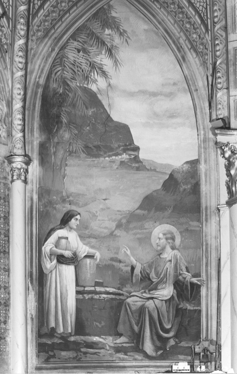 Cristo e la Samaritana al pozzo, Cristo e la samaritana al pozzo (dipinto murale) di Bialetti Ferdinando (sec. XX)