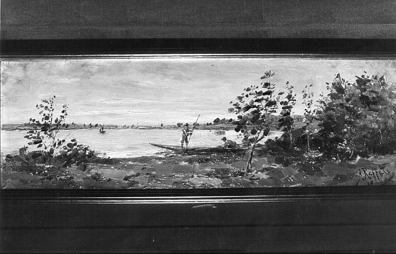Paesaggio sul Ticino, paesaggio fluviale (dipinto) di Raffele Ambrogio (attribuito) (sec. XIX)