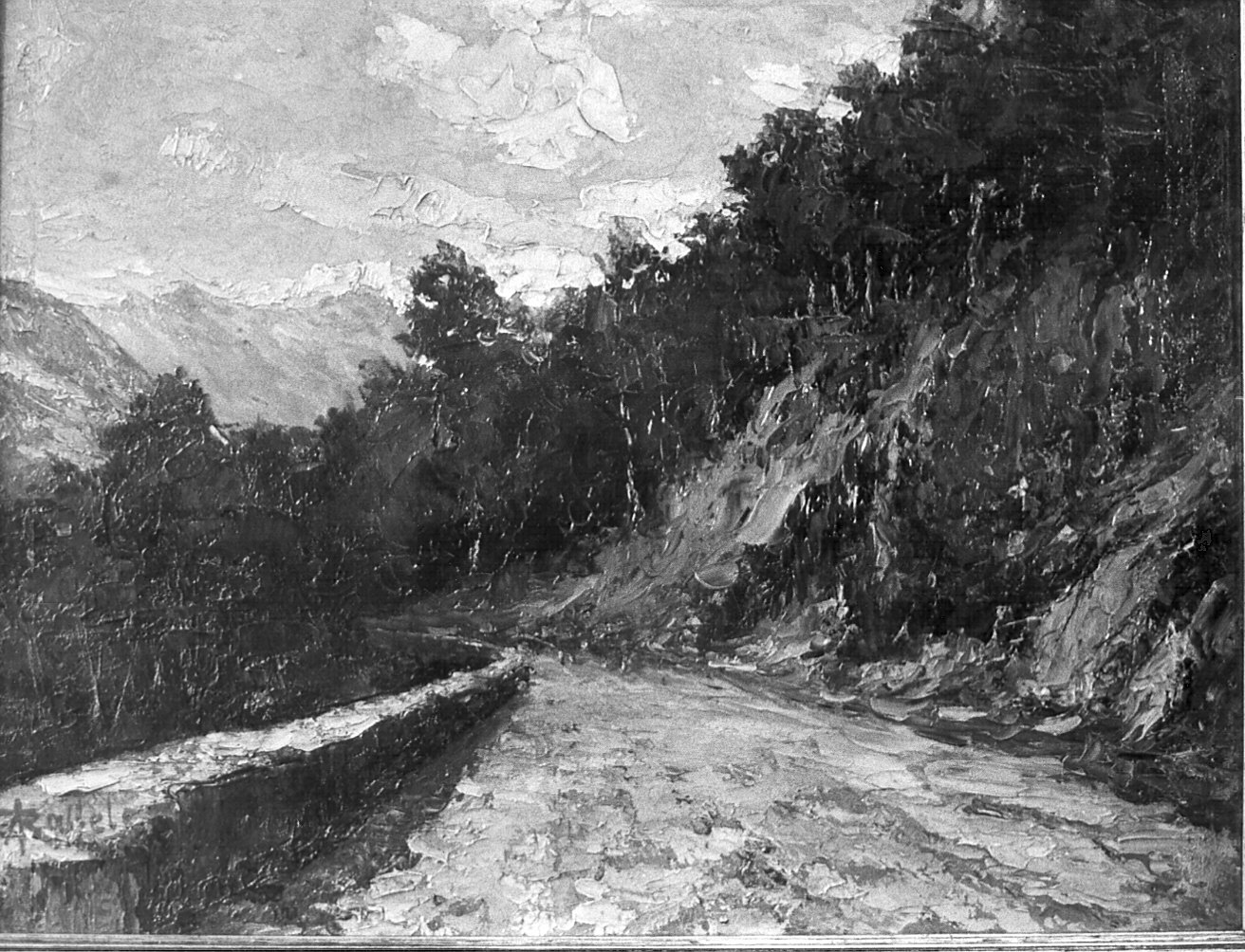 Strada di montagna, paesaggio montano (dipinto) di Raffele Ambrogio (attribuito) (sec. XX)