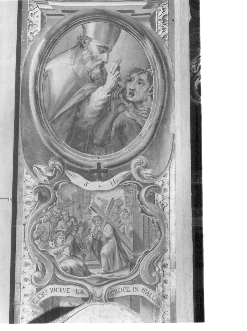 santo vescovo/ stazione II: Gesù caricato della croce (dipinto, elemento d'insieme) di Valdani Alessandro (attribuito) (sec. XVIII)