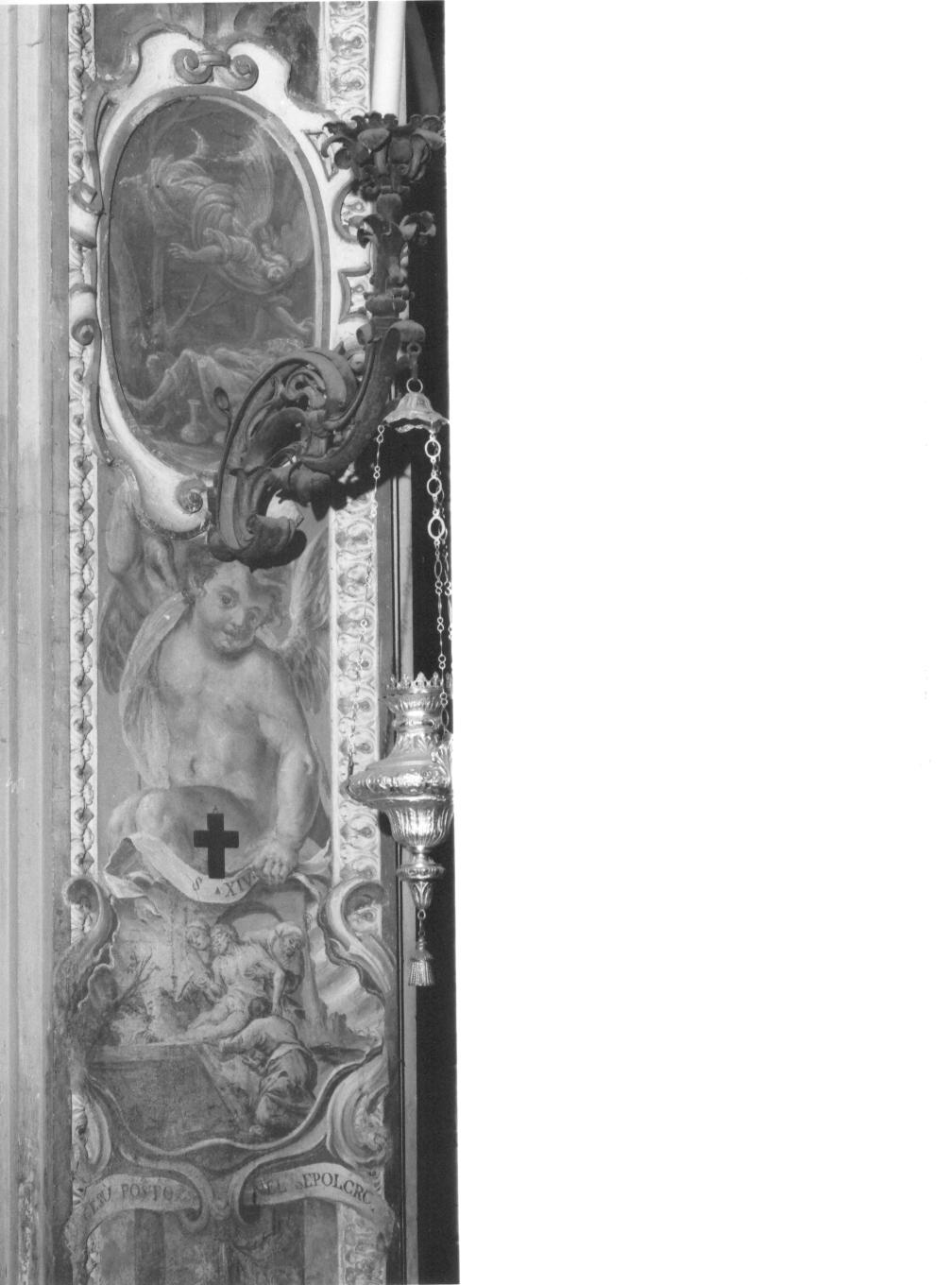 stazione XIV: Gesù deposto nel sepolcro/ angioletto (dipinto, elemento d'insieme) di Valdani Alessandro (attribuito) (sec. XVIII)