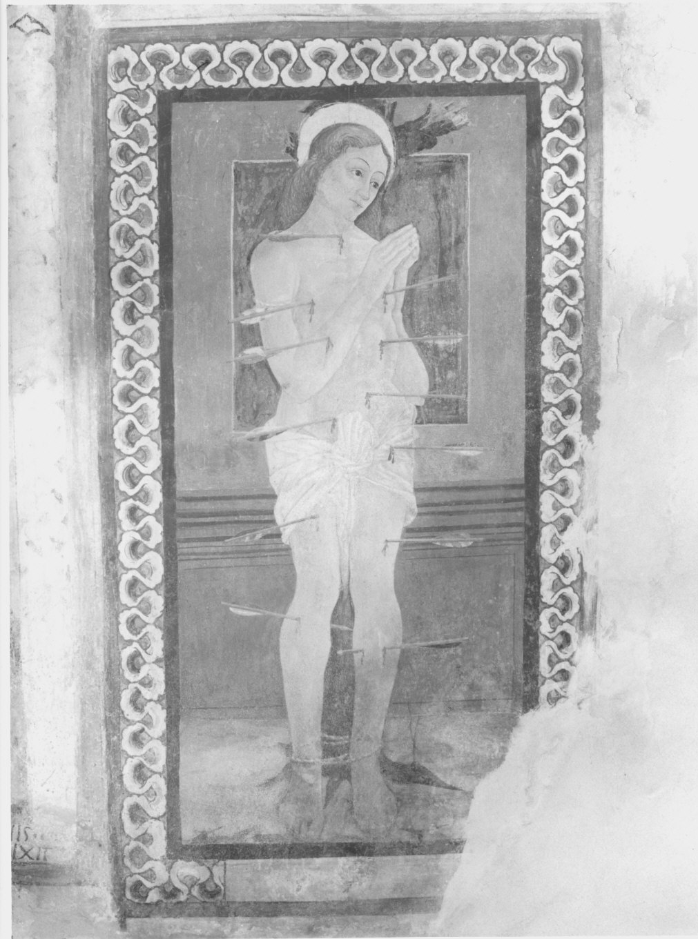 San Sebastiano (dipinto murale, frammento) di Stefano da Vergosio (scuola) (ultimo quarto sec. XV)