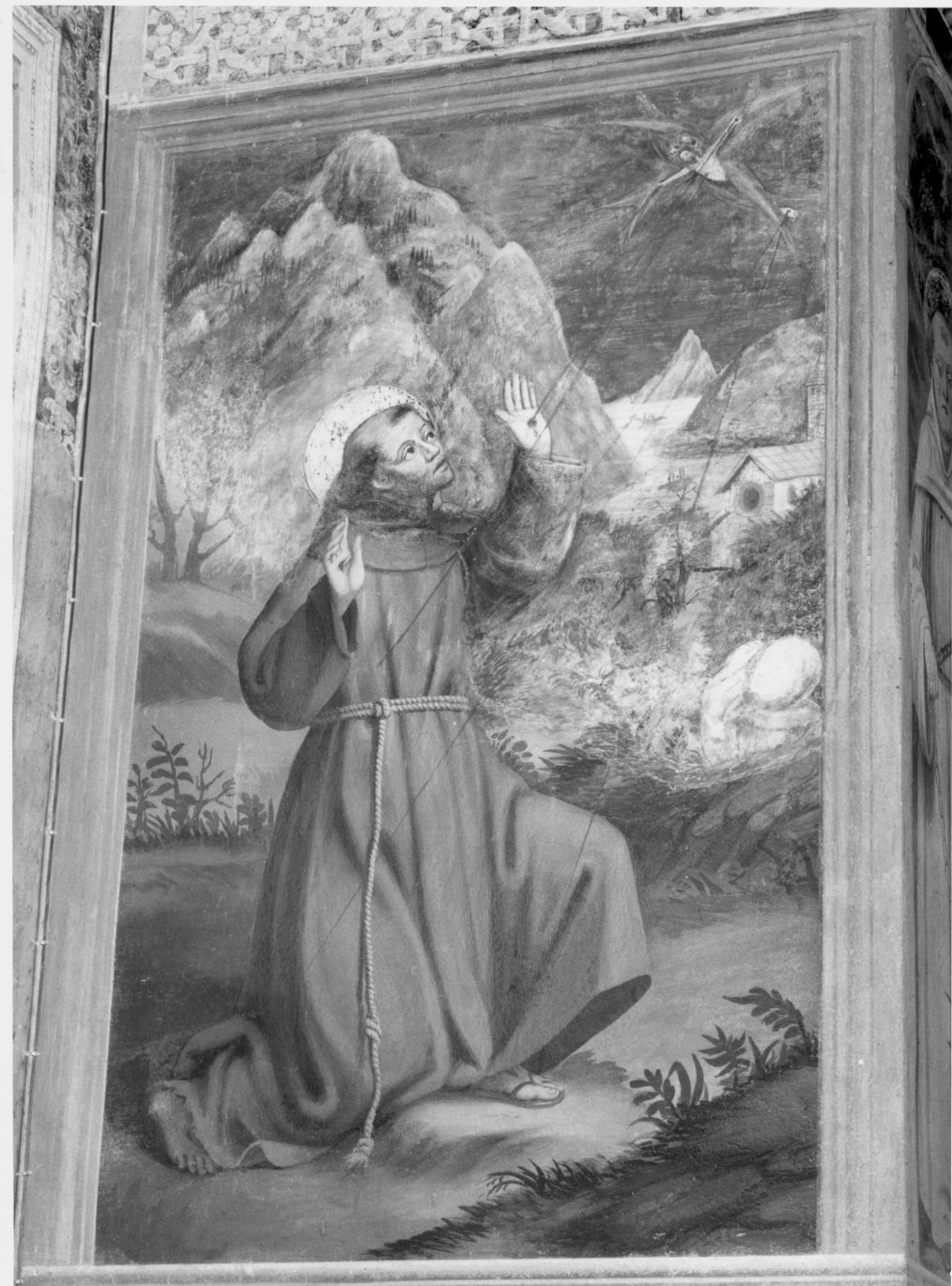 San Francesco d'Assisi (dipinto murale) di Battista da Musso (cerchia) (fine/inizio secc. XV/ XVI, sec. XVI)