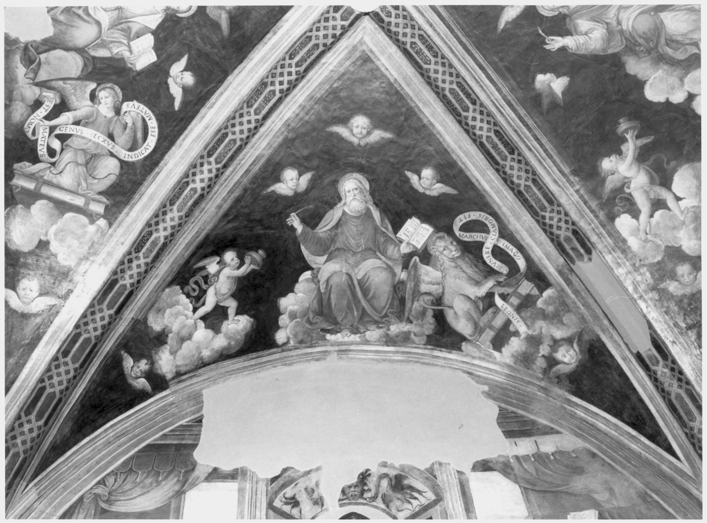 San Marco scrive il vangelo (dipinto murale, elemento d'insieme) di De Magistris Sigismondo (bottega) (sec. XVI)