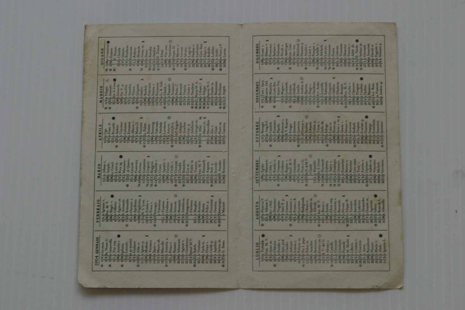calendario liturgico, Calendario dell'anno domini 1954 - produzione marchigiana (secc. XIX/ XX)