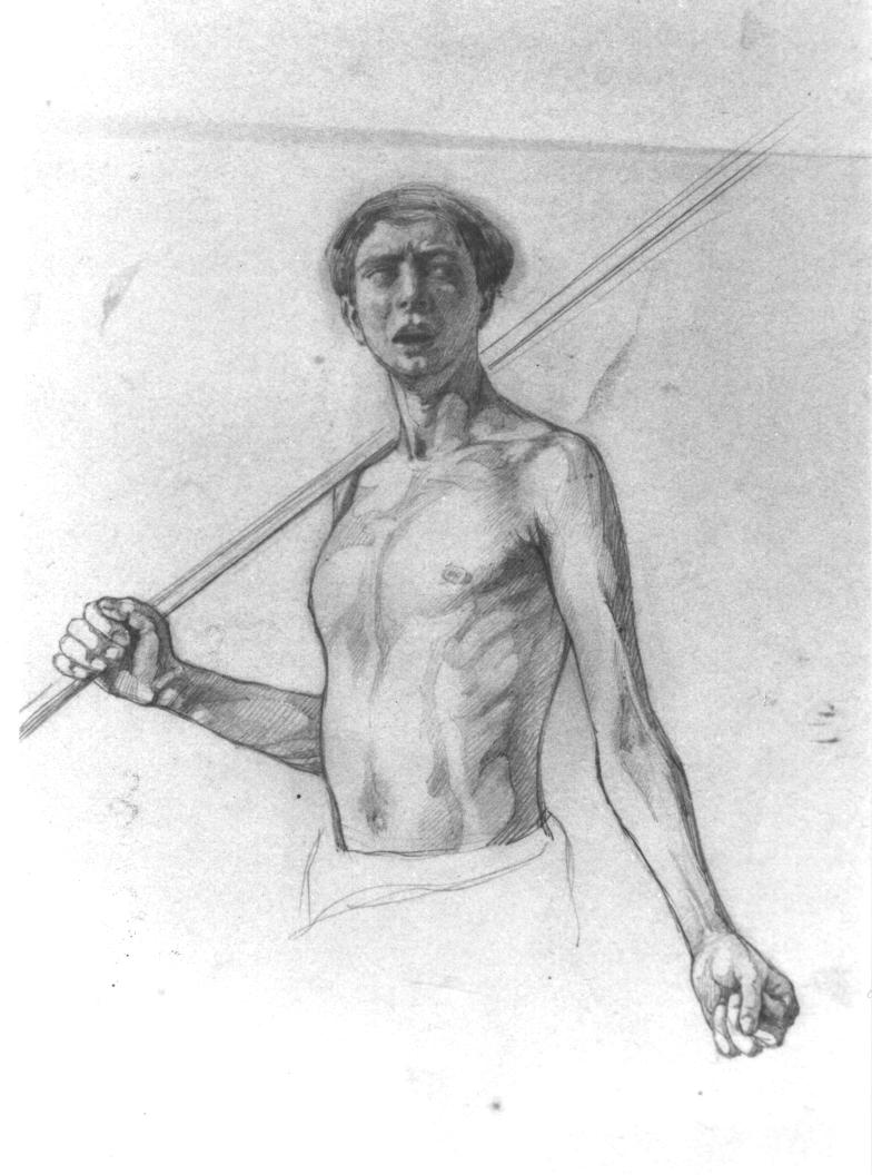 Studio per la cartolina commemorativa del cinquantenario dell'insurrezione di Pergola, giovane nudo (disegno) di Santi Archimede (sec. XX)
