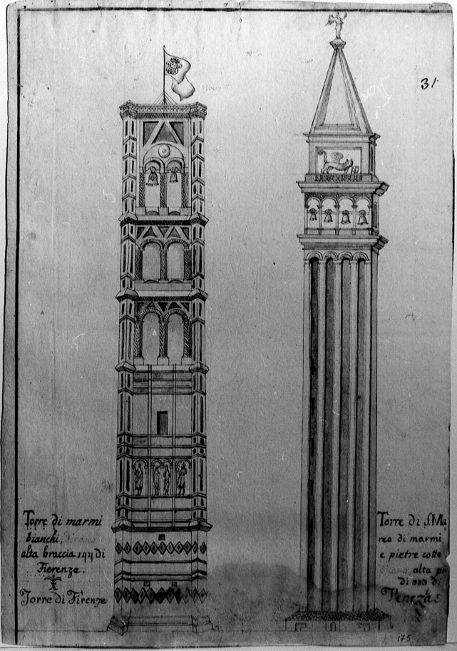 torri di Firenze e di Venezia (disegno) di Paclimi Luigi (fine/inizio secc. XVIII/ XIX)