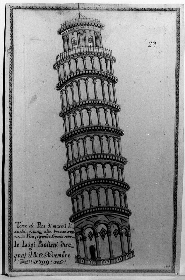 torre di Pisa (disegno) di Paclimi Luigi (sec. XVIII)