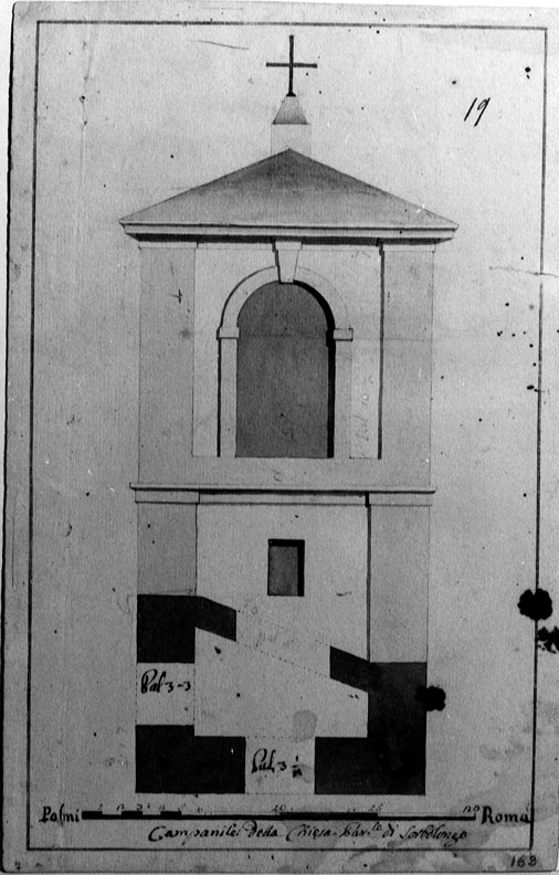 campanile della Chiesa di Sorbolongo (recto)/ altare (verso) (disegno) - ambito marchigiano (secc. XVIII/ XIX)