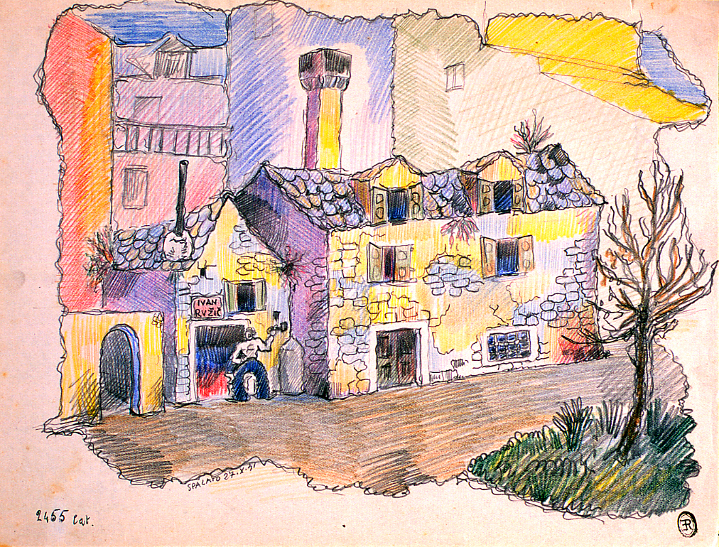 Paesaggio, veduta di case a Spalato (disegno) di Ercolani Ernesto (sec. XX)