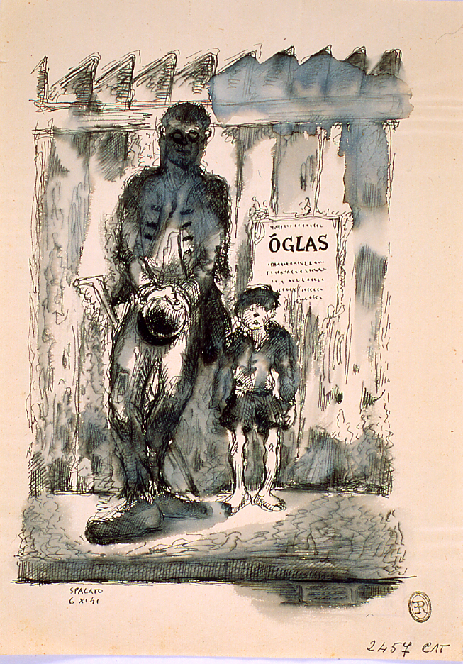Mutilato di guerra con bambino in accattonaggio, figure presso una staccionata (disegno) di Ercolani Ernesto (sec. XX)