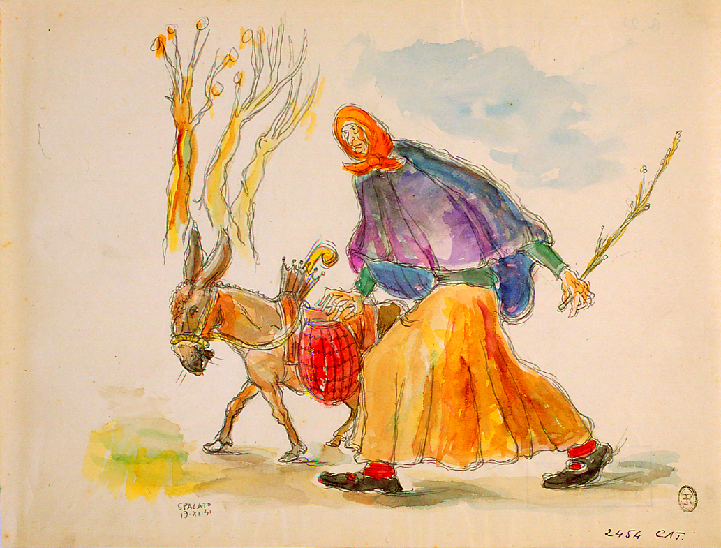Contadina con asinello, figura femminile e asino (disegno) di Ercolani Ernesto (sec. XX)
