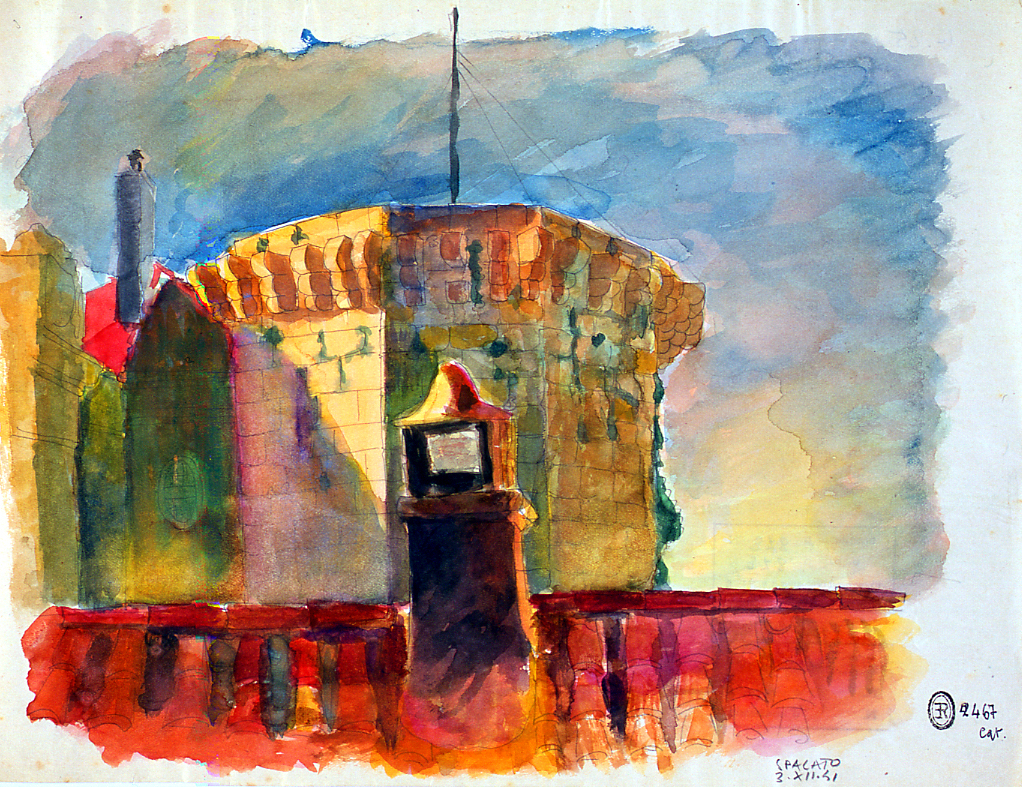 Torrione al molo di Spalato, veduta del torrione a Spalato (disegno) di Ercolani Ernesto (sec. XX)