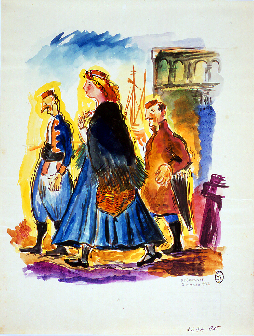 Passanti in costume a Dubrovnik, tipiche figure croate (disegno) di Ercolani Ernesto (sec. XX)