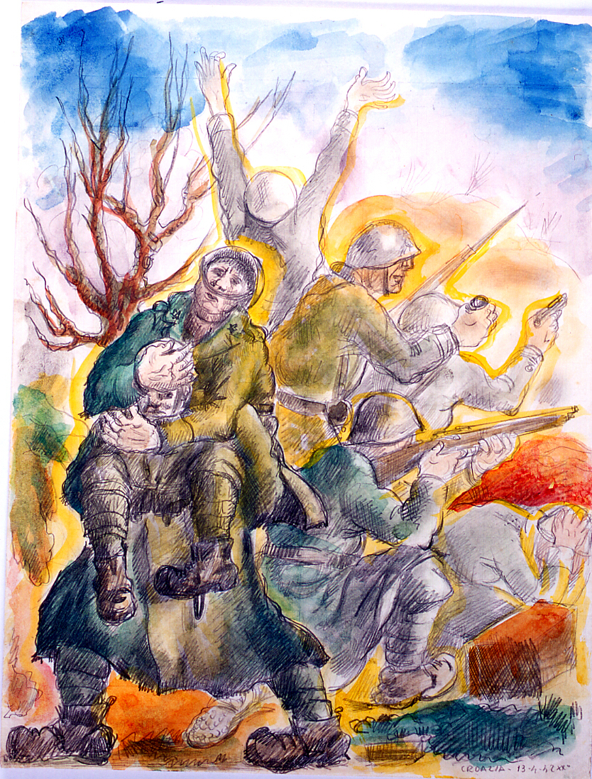 Trasporto di un ferito, militari in azione di guerra (disegno) di Ercolani Ernesto (sec. XX)