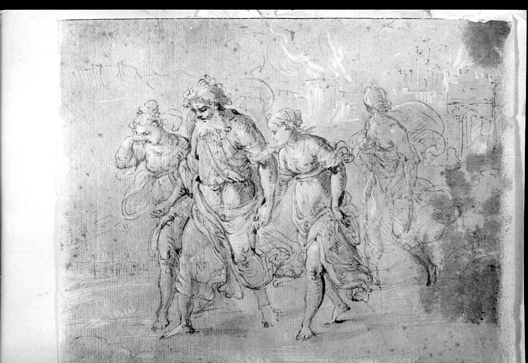 Lot e la famiglia in fuga da Sodoma (disegno) di Sanzio Raffaello (cerchia) (sec. XVI)