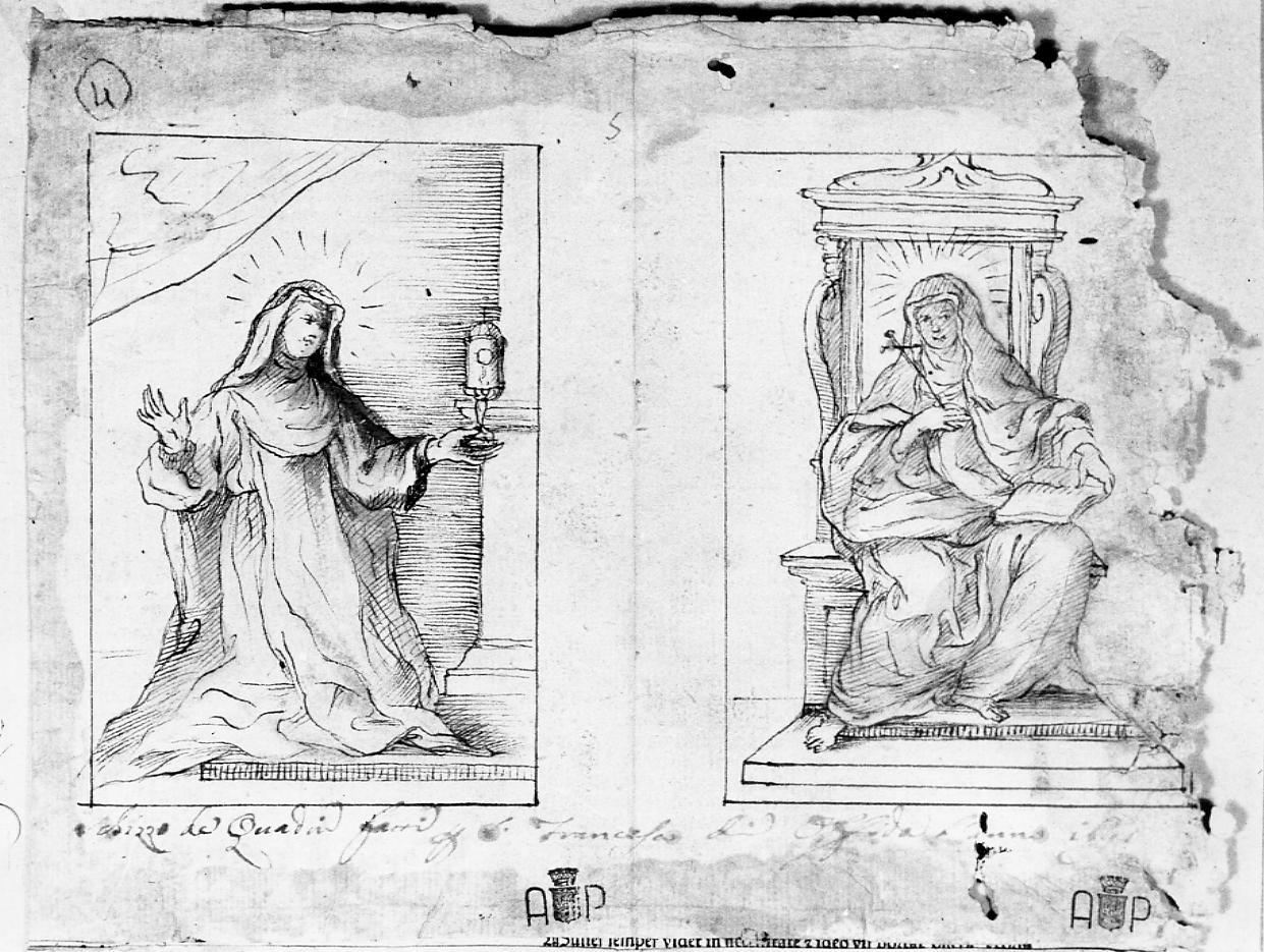 Santa Chiara, Santa monaca, Santa Elisabetta d`Ungheria, Santa Rosa da Viterbo (disegno) di Fabiani Ferdinando (sec. XVII)