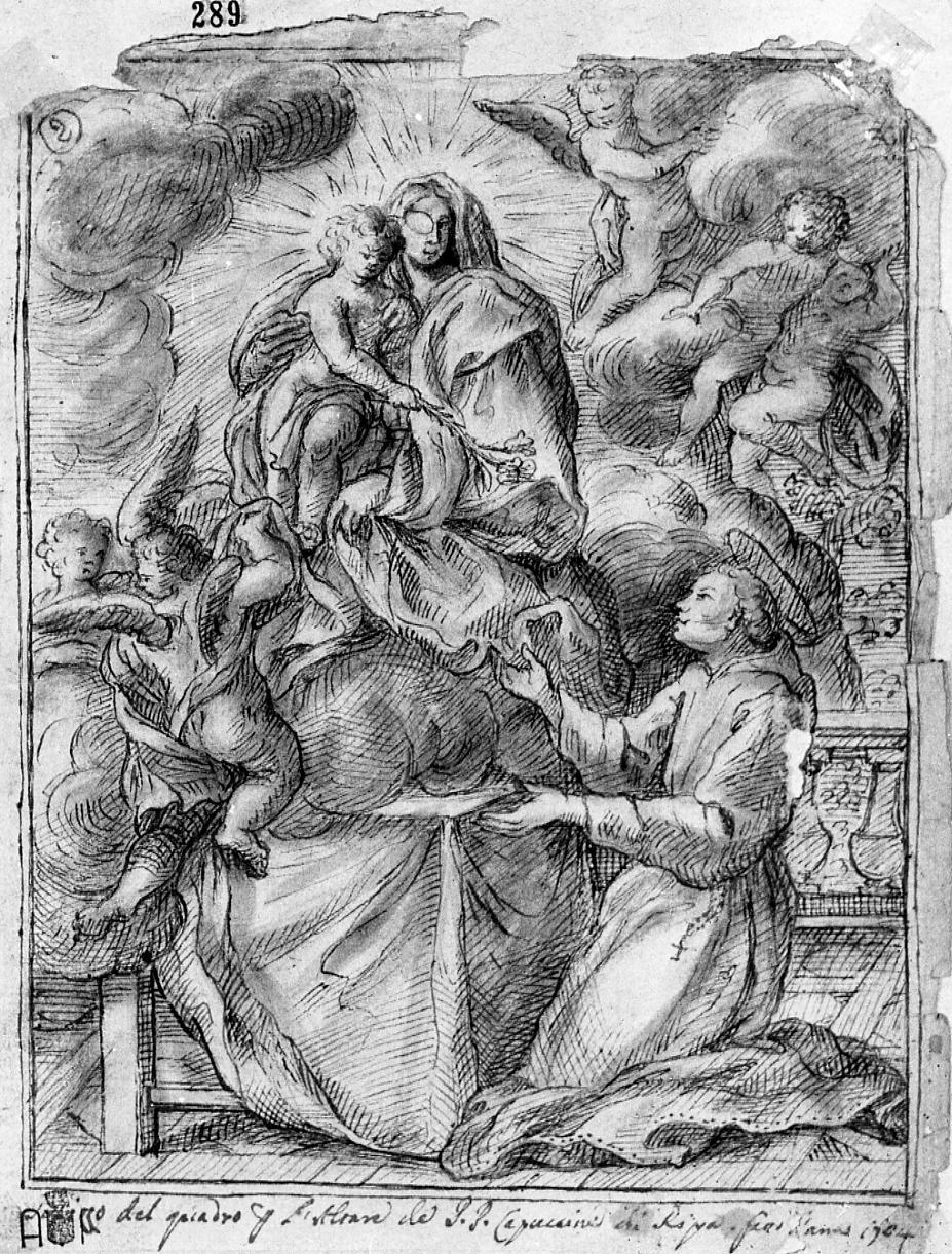 Madonna con Bambino in gloria, angeli e un Santo (disegno) di Fabiani Ferdinando (sec. XVIII)