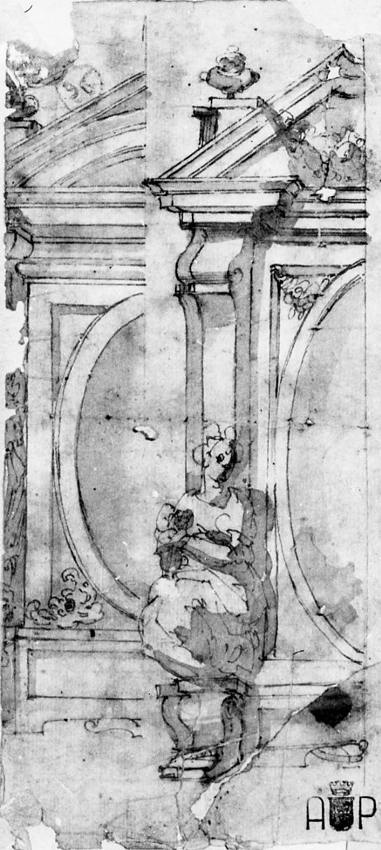 motivi decorativi architettonici e figura allegorica (disegno) di Fabiani Ferdinando (attribuito) (secc. XVII/ XVIII)