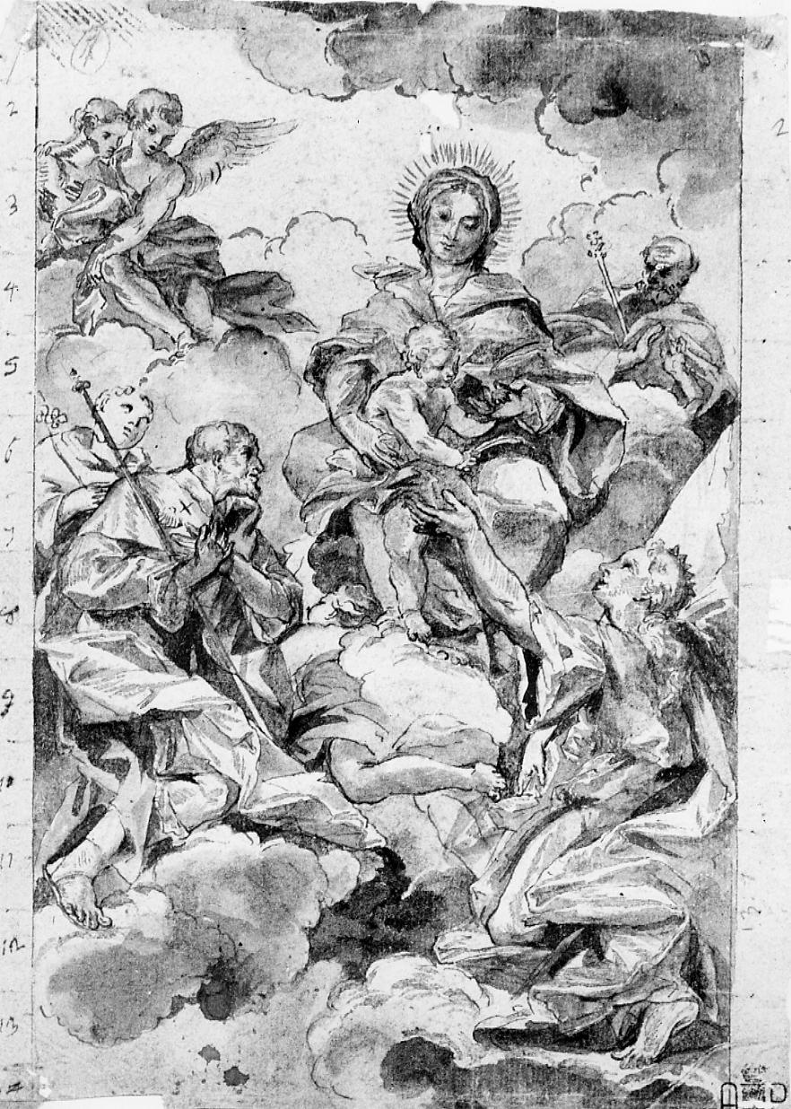 Madonna con Bambino e San Giuseppe in gloria con Sant`Orsola, San Rocco e San Luigi Gonzaga (disegno) di Palucci Carlo (secc. XVII/ XVIII)