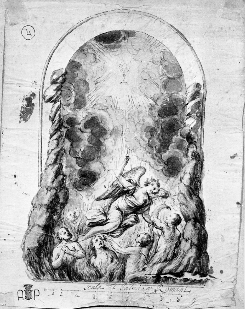 angelo che soccorre le anime del purgatorio (disegno) di Monti Nicola Antonio (sec. XVIII)