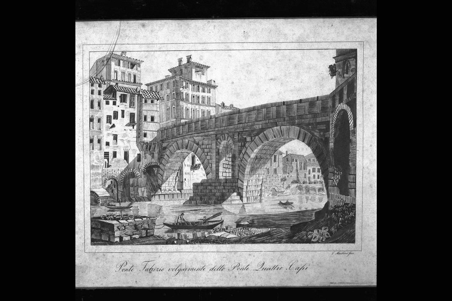 veduta del ponte Fabrizio a Roma (disegno) di Moschini L (ultimo quarto sec. XIX)