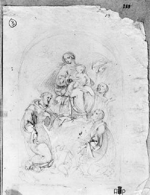 apparizione della Madonna con Bambino a tre Santi (disegno) di Paci Emidio (sec. XIX)